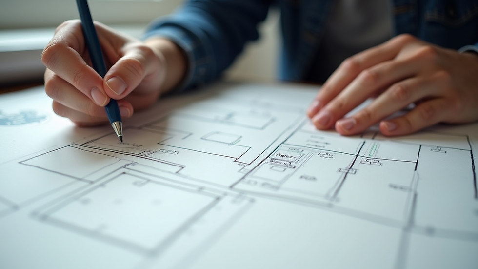 Close-up view of a designer sketching website layout on paper