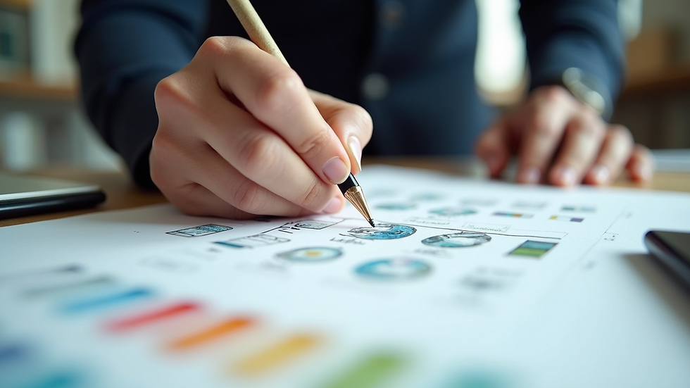 Close-up view of a designer sketching a website layout on paper
