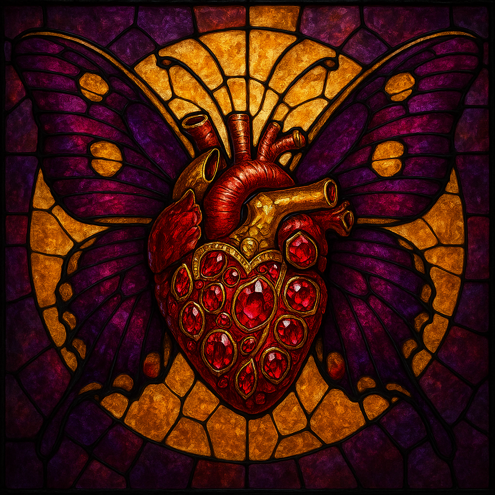 Digital artwork of an anatomical heart with stained-glass patterns.