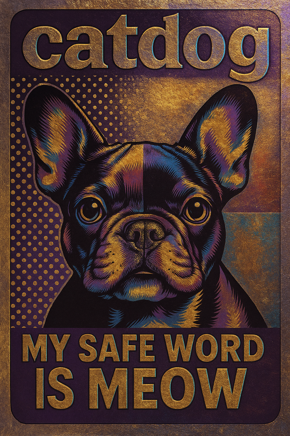 A French Bulldog in metallic purple and gold tones in a sign reading "CatDog My Safe Word is Meow"