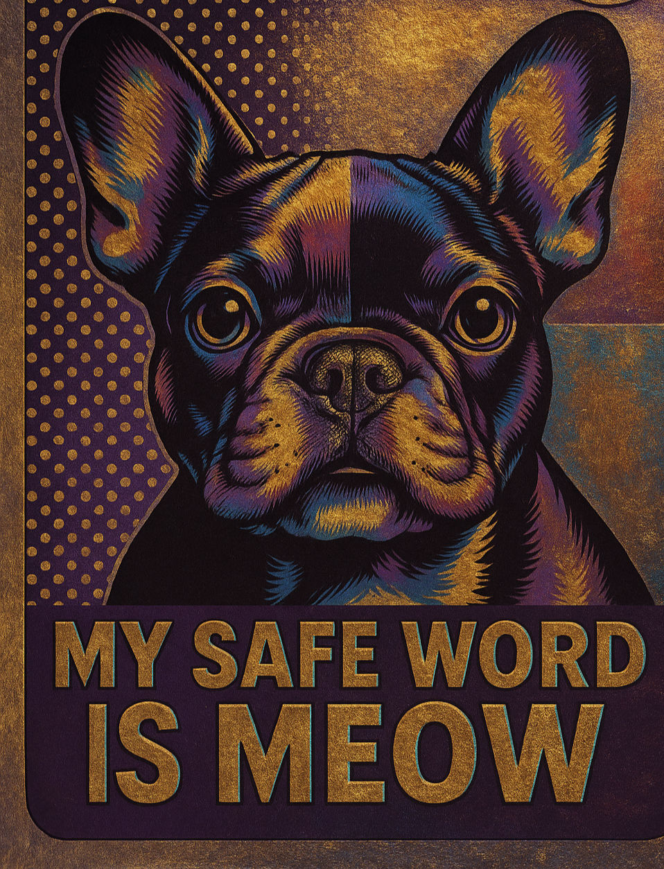 A French Bulldog with the text, "My Safe Word is Meow".