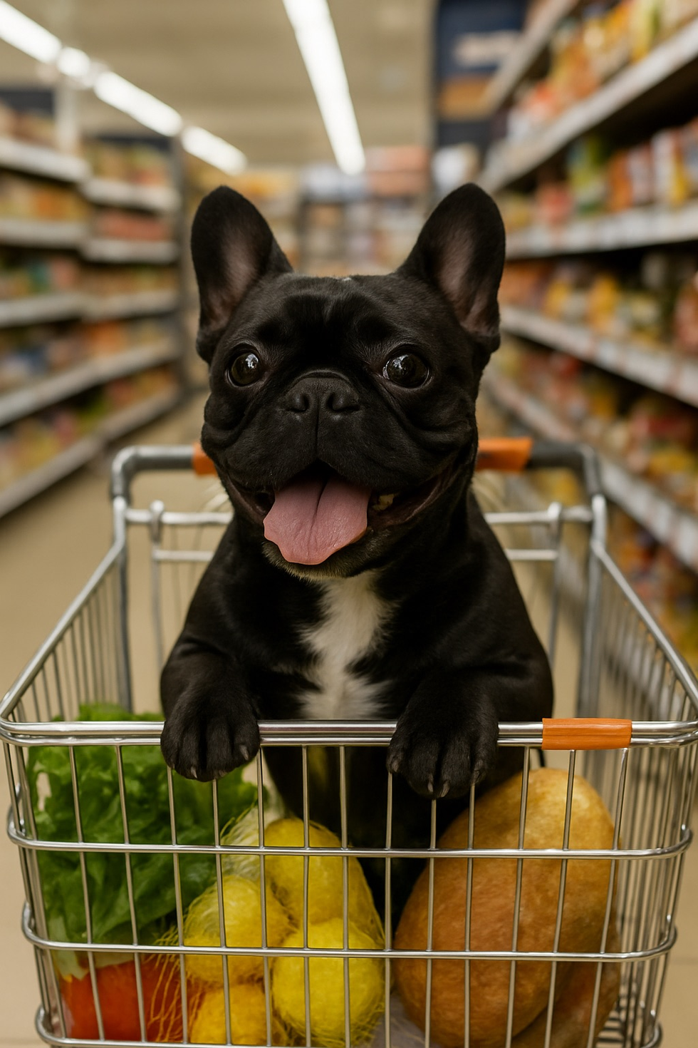 A black and white French bulldog shopping at the grocery store, pushing a shopping cart with some vegetables in his cart.