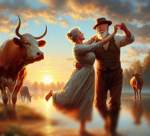 An elderly man and woman dancing in a lake with some cows watching them.