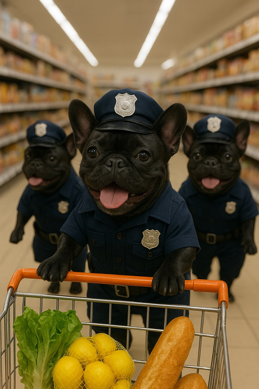 Three black French bulldogs shopping together at the grocery store. One frenchie police officer is pushing the shopping cart with assorted vegetables in it.