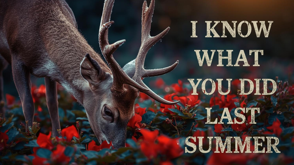 A deer with its head down eating begonias...with the text "I KNow What You Did Last Summer"