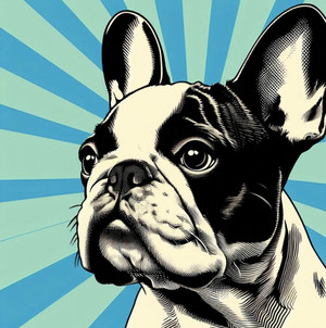 A black and white French Bulldog looking intently in front of a blue and light blueish green background...Andy Warhol similarity