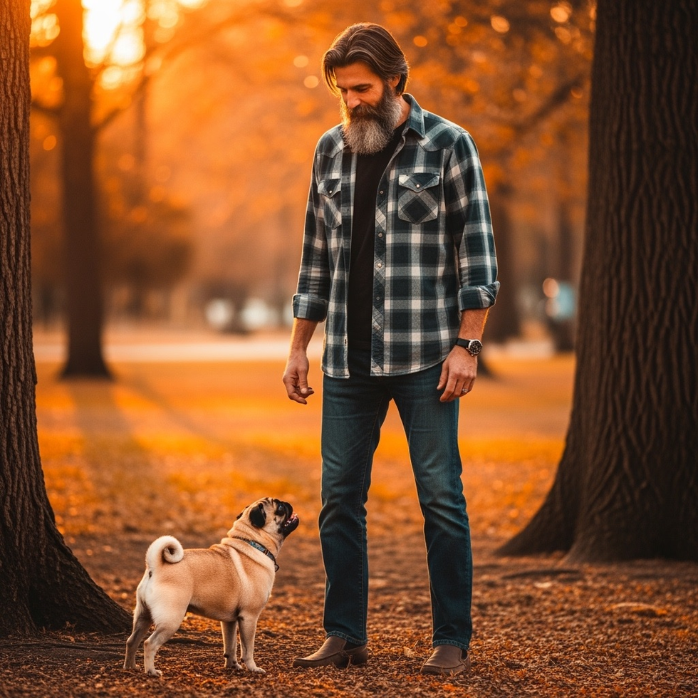 A middle aged man walking and talking to his fawn colored pug in a park in the fall. The trees have orange colored leaves and the sunlight is showing through them.