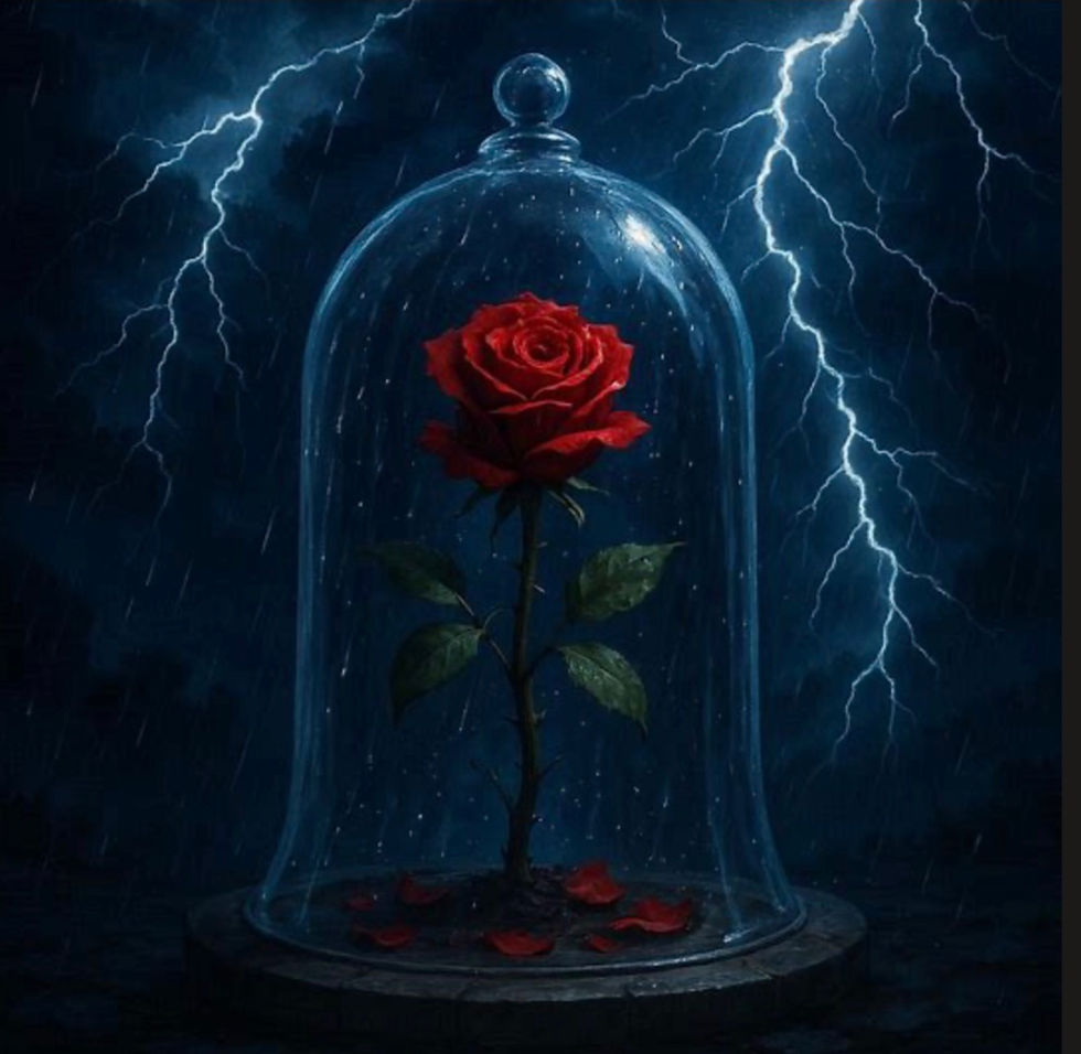 A red rose under a glass dome with lightning in the background.