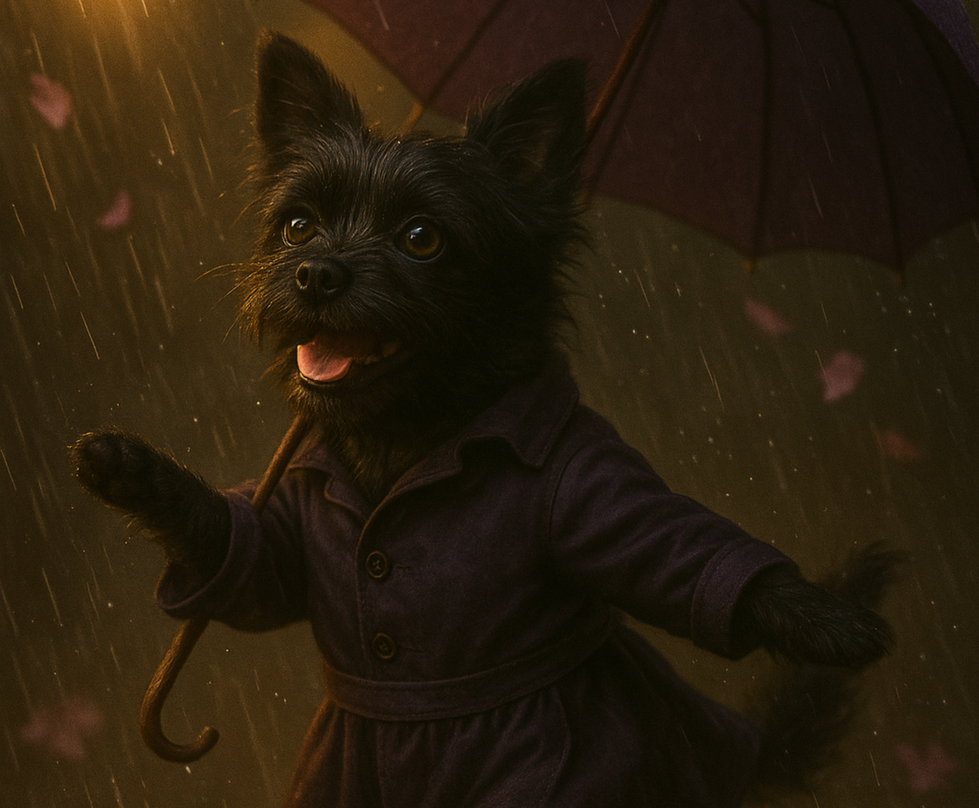 Illustration of a Frorkie in a purple raincoat holding an umbrella in the rain.