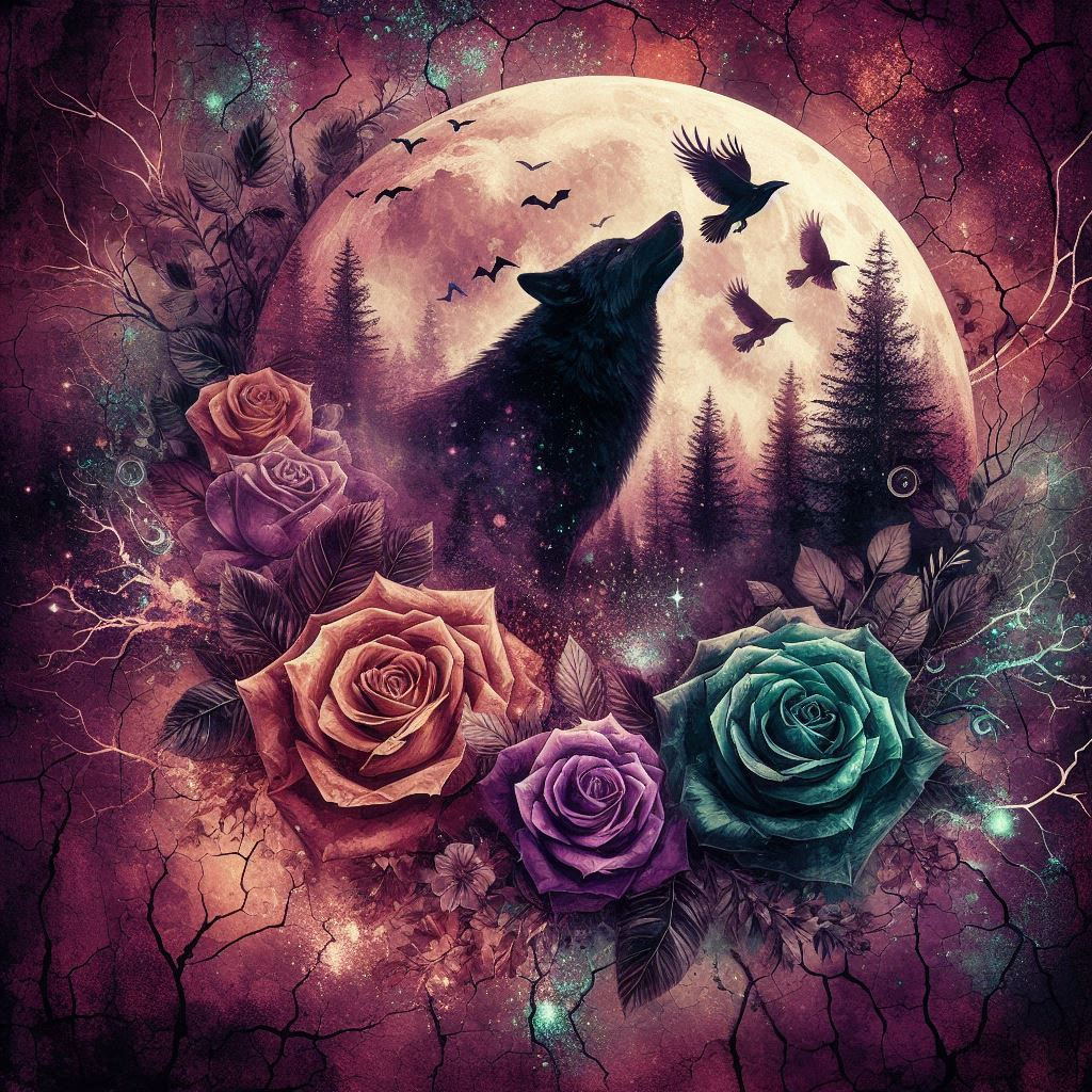 50x50cm wolf and roses