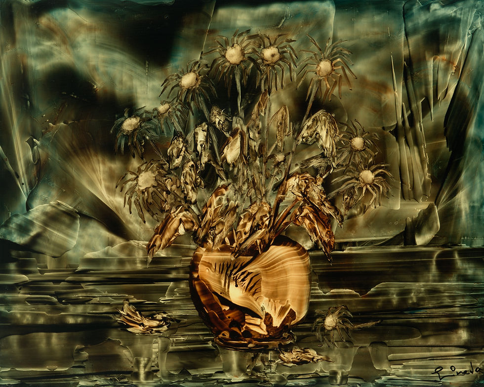 A futuristic landscape with a vase of dead flowers