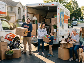Family packing moving trucks