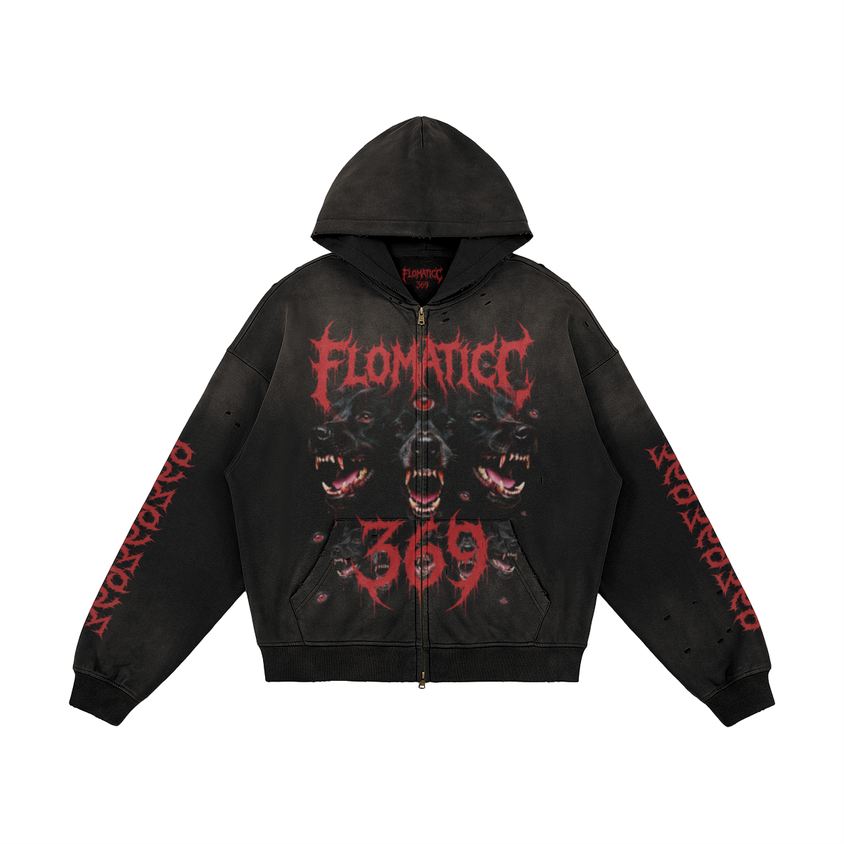 Fear The Mighty Dog - 440GSM Unisex Sun Faded Distressed Full-zip Hoodie