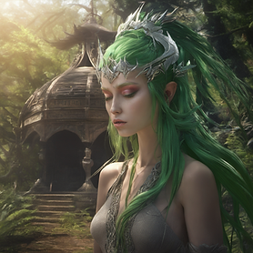 13-elf-queen-with-green-hair-crying-with-tears-of-agony-in-front-of-a-wooden-dome-in-a-for
