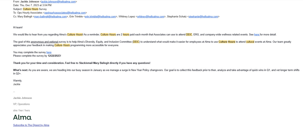 Created Alma culture hrs comms & co-written survey for org.