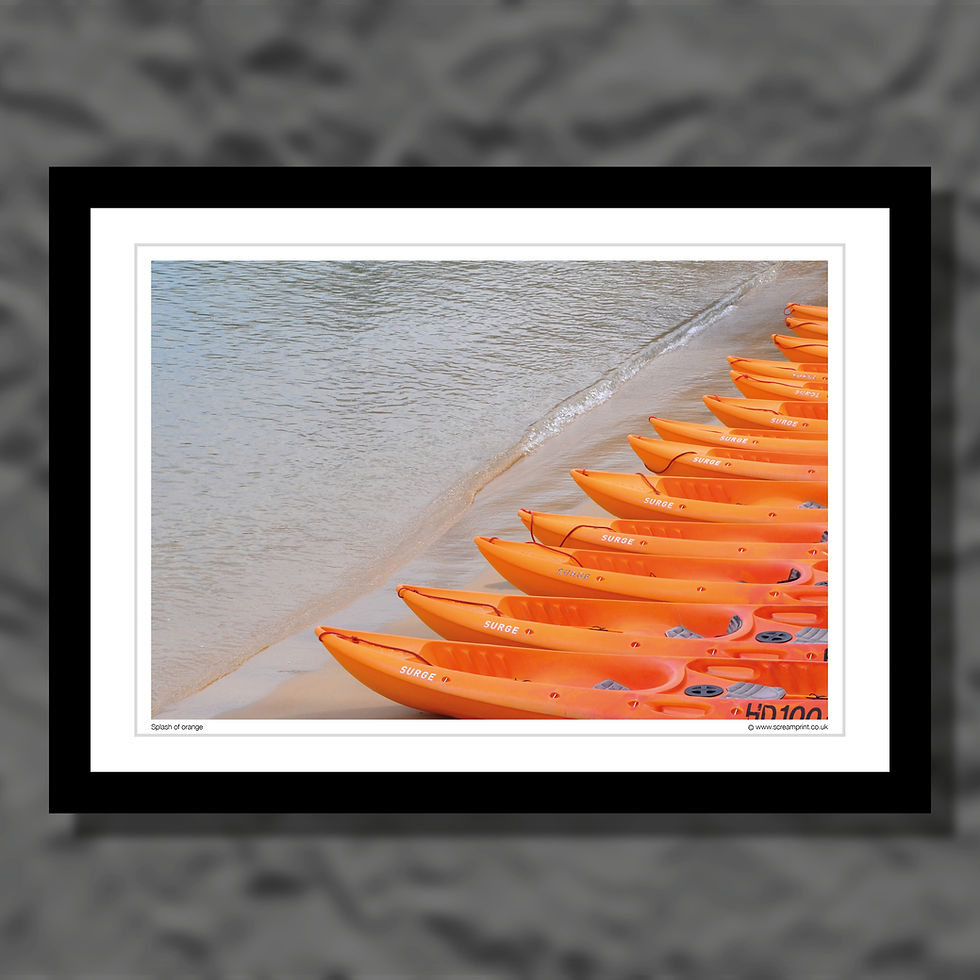 Thumbnail: A collection of orange canoes. Colour photograph.