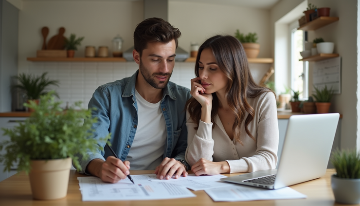 Eye-level view of a couple reviewing tax documents at a kitchen table