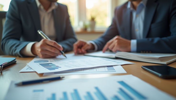Eye-level view of a financial advisor reviewing documents with a client