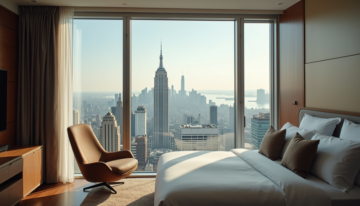 Eye-level view of a hotel room with a neatly made bed and a window showing a city skyline