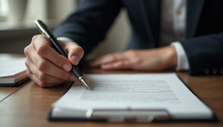 Eye-level view of a person calmly reviewing a letter at a tidy desk