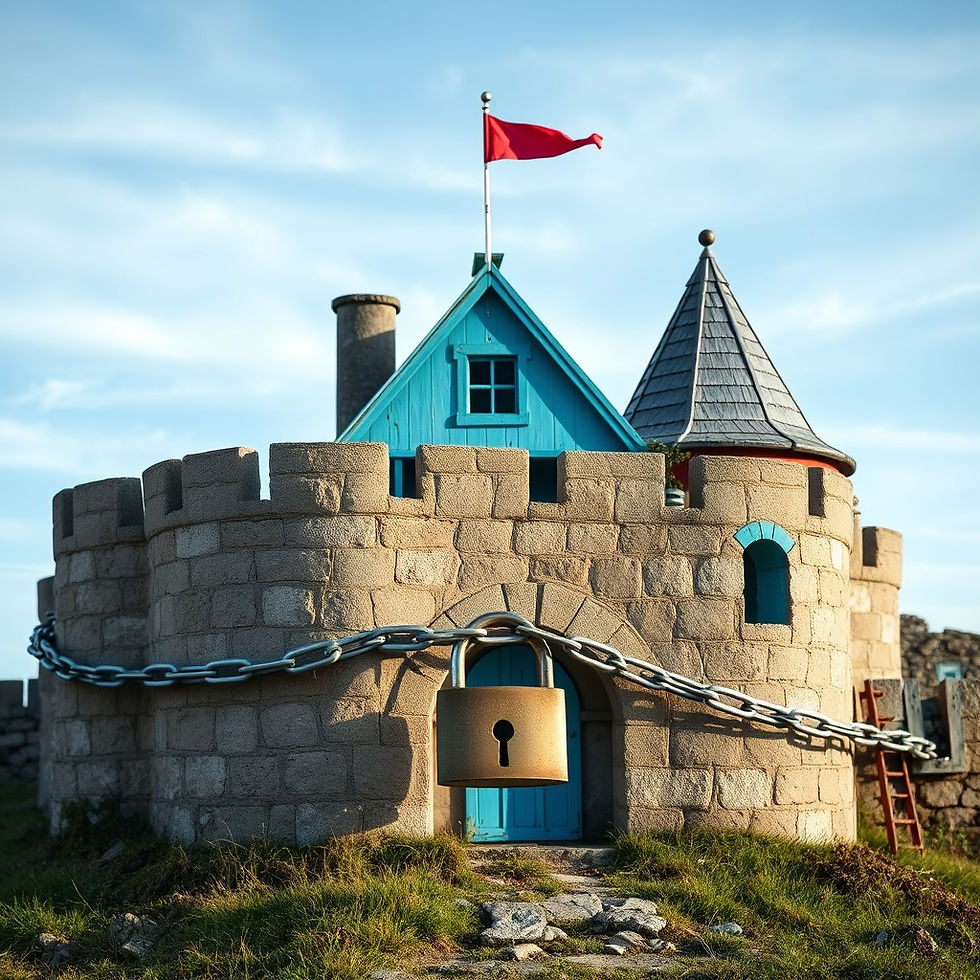 Middle age fort that look like house, wrapped in chain that is locked with paddlock. Maki
