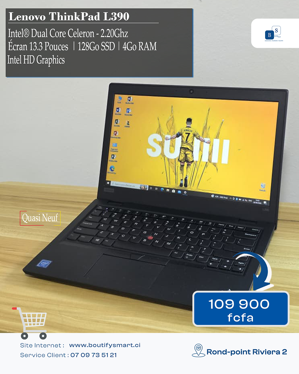 Lenovo ThinkPad L390 - Intel Dual Core - 4 GB - 128 GB - 13'3 Pouces - Pack Office + Sac + Clé USB + Souris Offert