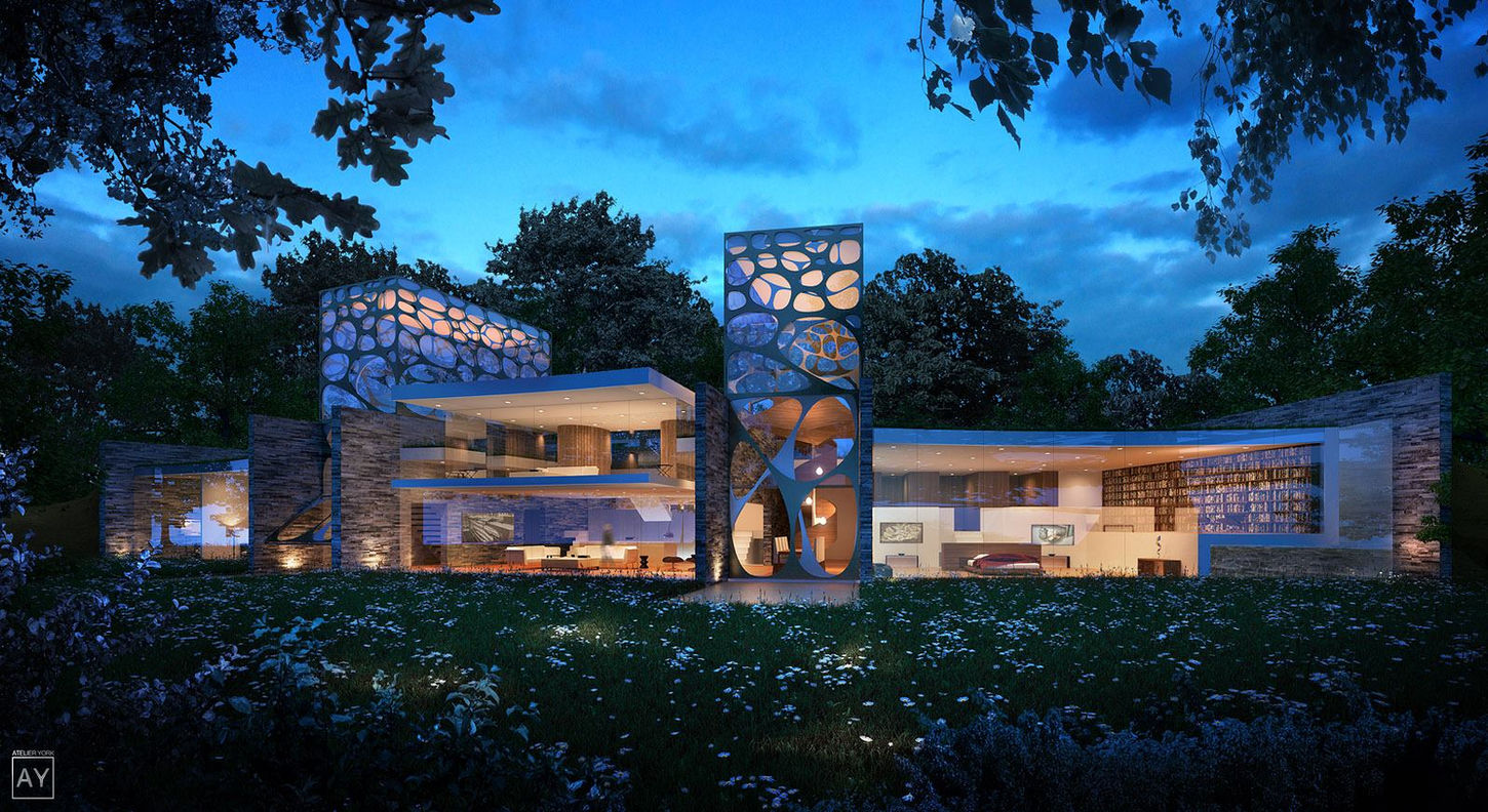 Mill Hill London garden design - 3d render of rear garden at night - CITYSCAPERS