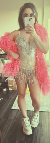 Lady Jane Sequins Mirrorball Silver Bodysuit && Fancy Feather Ostrich Feather Boa