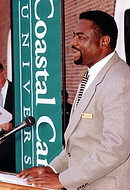 Charles Wright making speech at Humanities Building CCU