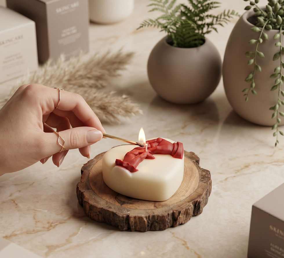 a hand with elegant gold rings lighting a heart-shaped cream candle. The candle features a 3D red relief of two hands holding