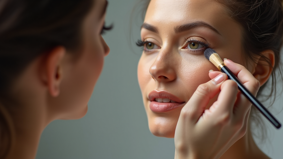 Close-up view of a makeup artist applying foundation on a model's face