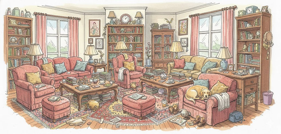 A room with furniture overload makes a tight space for a dog. 