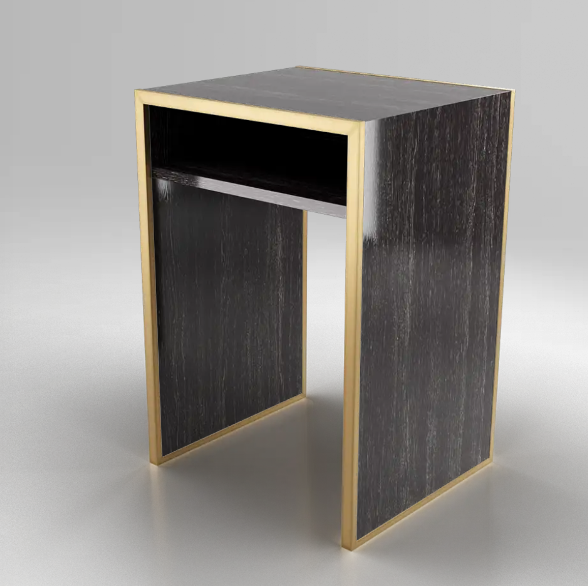 Side Table With Shelf, Breezy Oak, Black With Antique Brass Frame