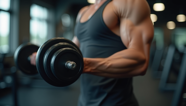 Eye-level view of a person lifting weights in a gym focusing on muscle contraction
