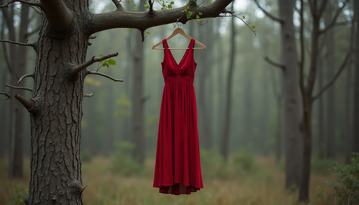Eye-level view of a red dress hanging on a tree branch in a forest clearing