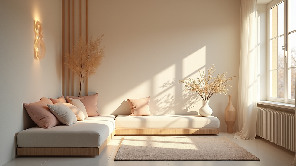 Eye-level view of a serene therapy room with comfortable seating
