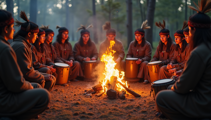 High angle view of a community gathering around a fire with traditional drums and regalia
