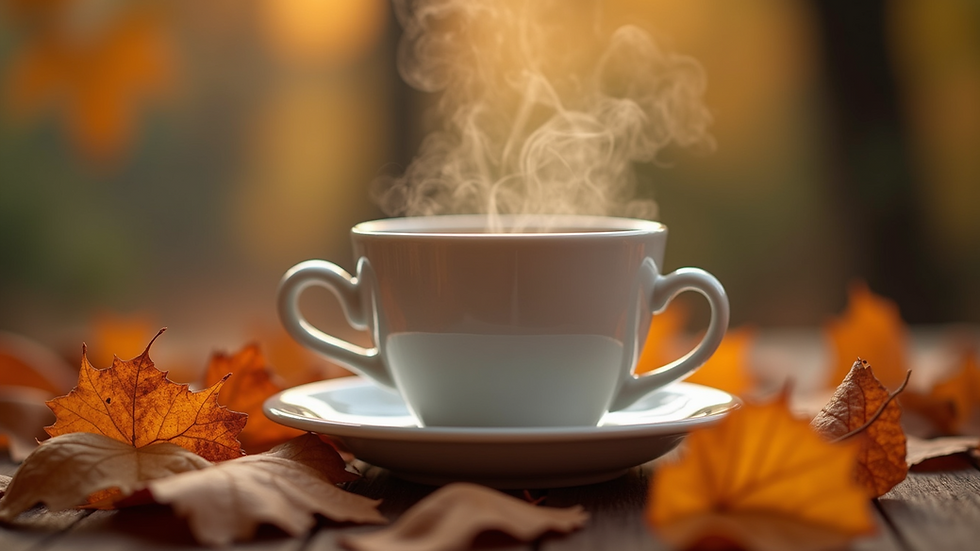 Eye-level view of a cozy autumn setting with a warm drink