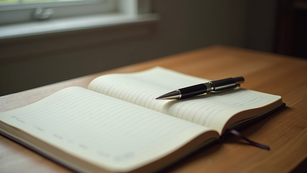 High angle view of a journal and pen on a wooden desk