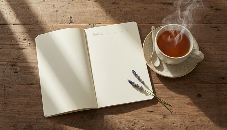 Overhead view of a single notebook page with a written intention beside a cup of tea.