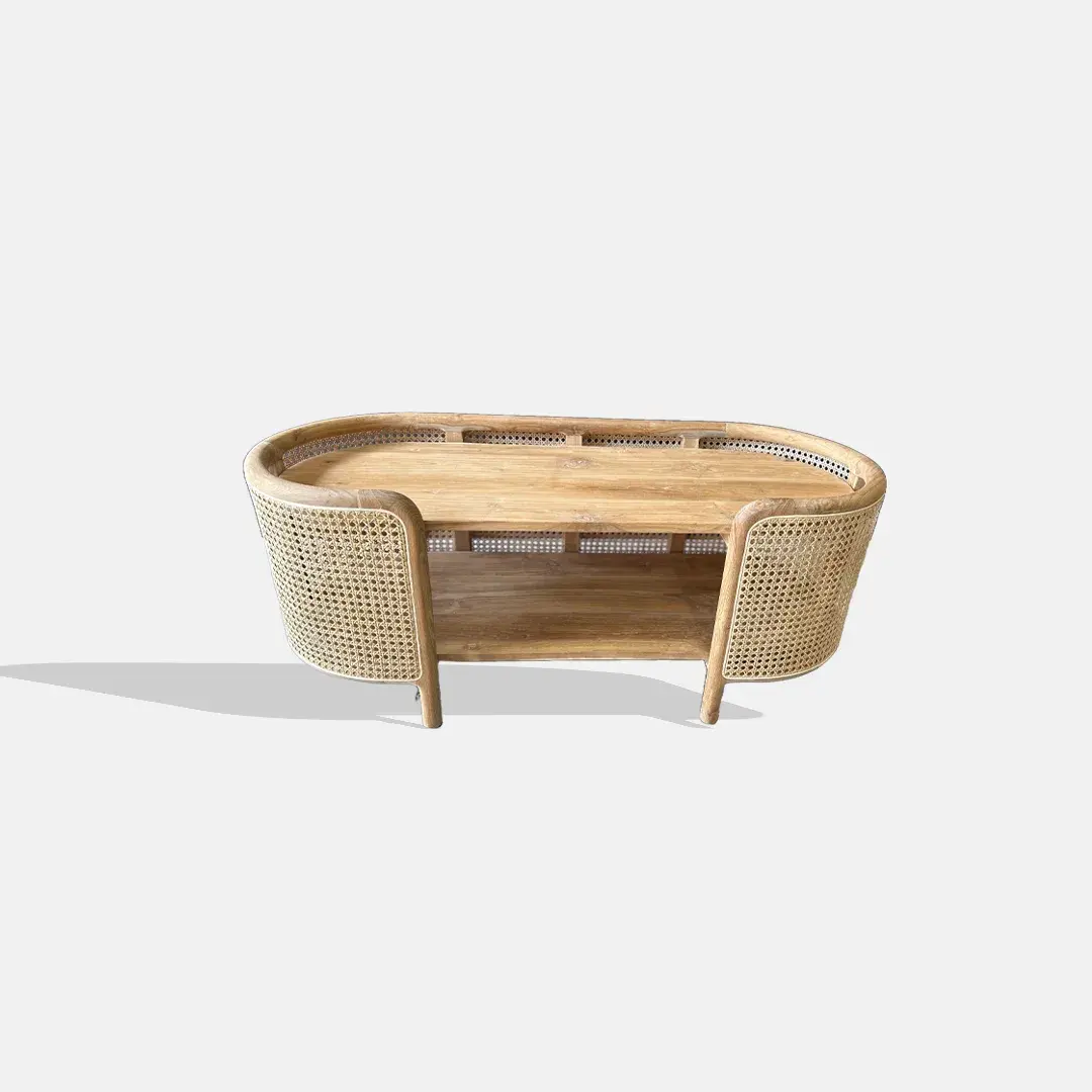 Teak Rattan Table: high quality timber, rattan wrapping around the table. (130 x