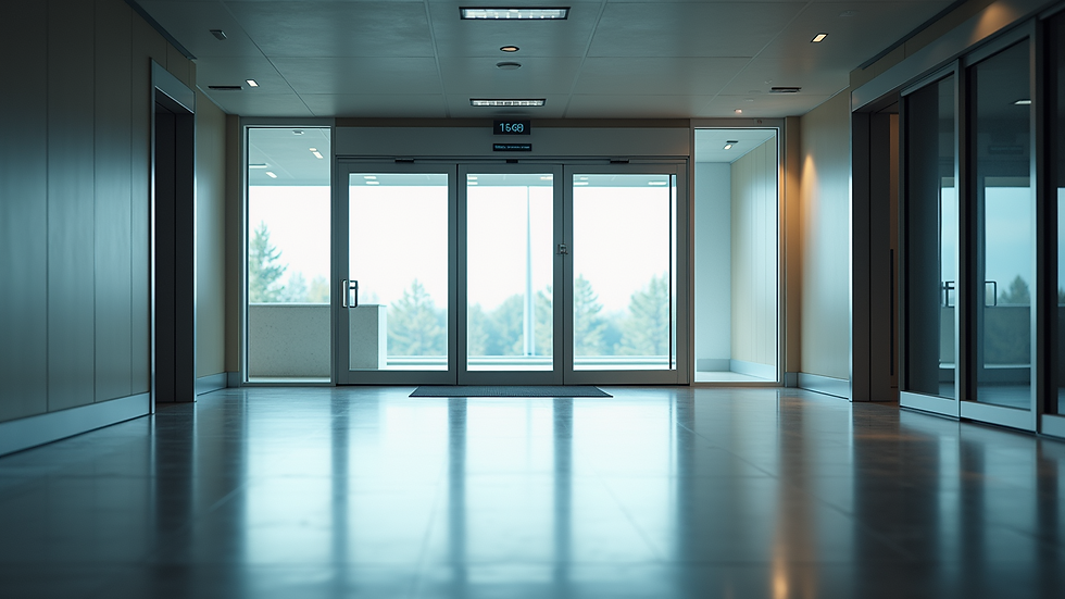Eye-level view of a modern automatic sliding door in a commercial building
