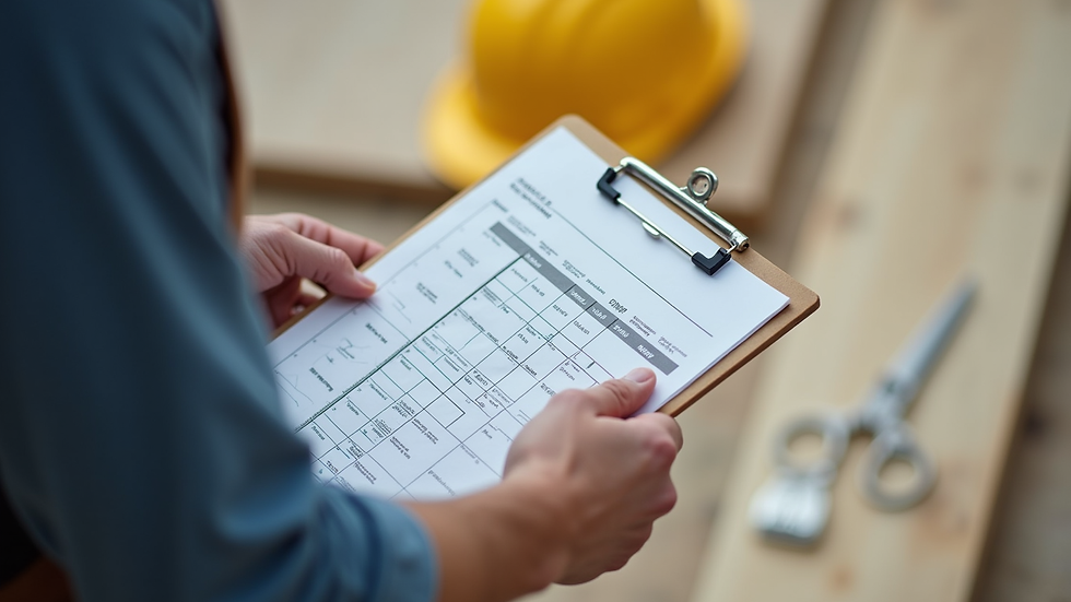 Close-up view of a contractor reviewing a home renovation timeline on a clipboard