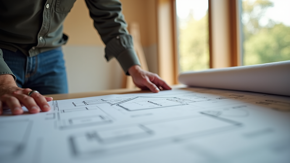 Close-up view of a contractor reviewing home addition blueprints