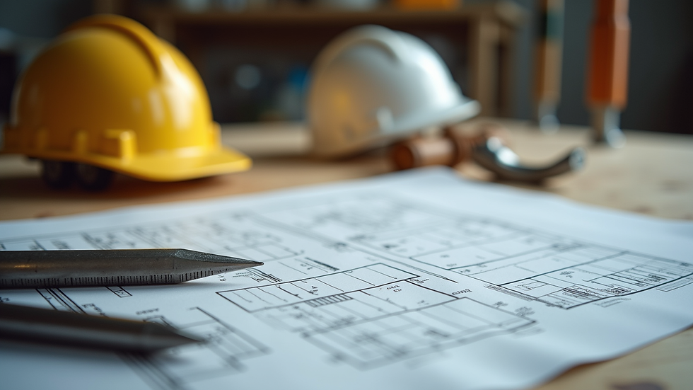 Close-up view of construction tools and blueprints on a workbench