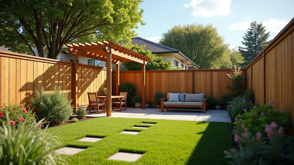High angle view of a backyard with a newly installed wooden privacy fence and pergola