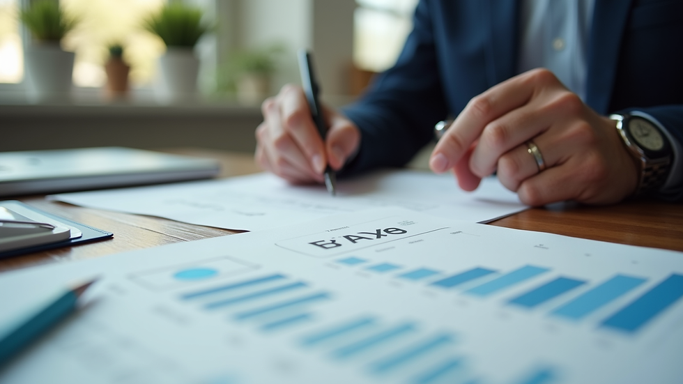 Eye-level view of a person reviewing tax documents on a desk