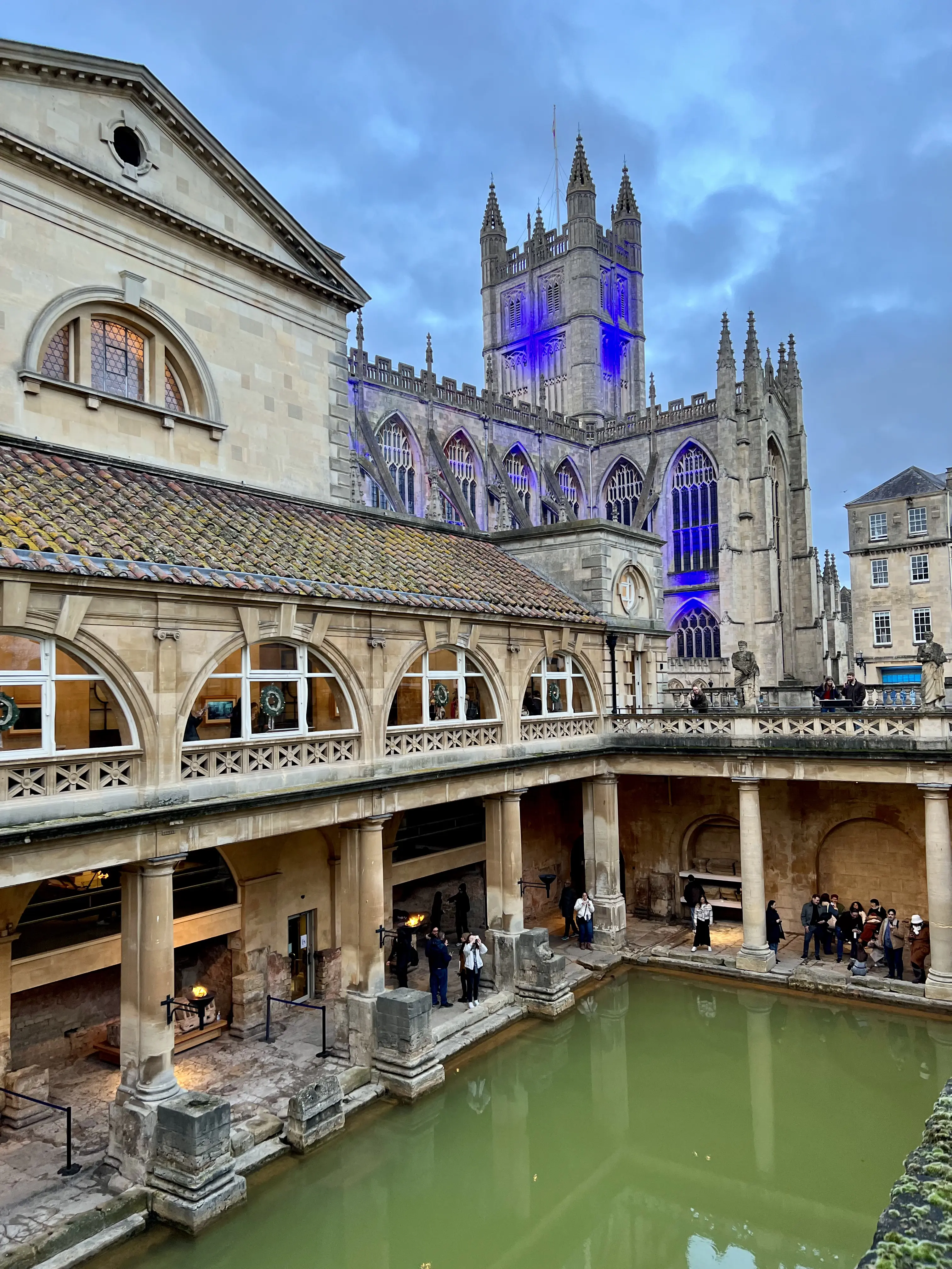 A view of the Bath Abbey from the Roman Baths in Bath, England ©AOnozWright