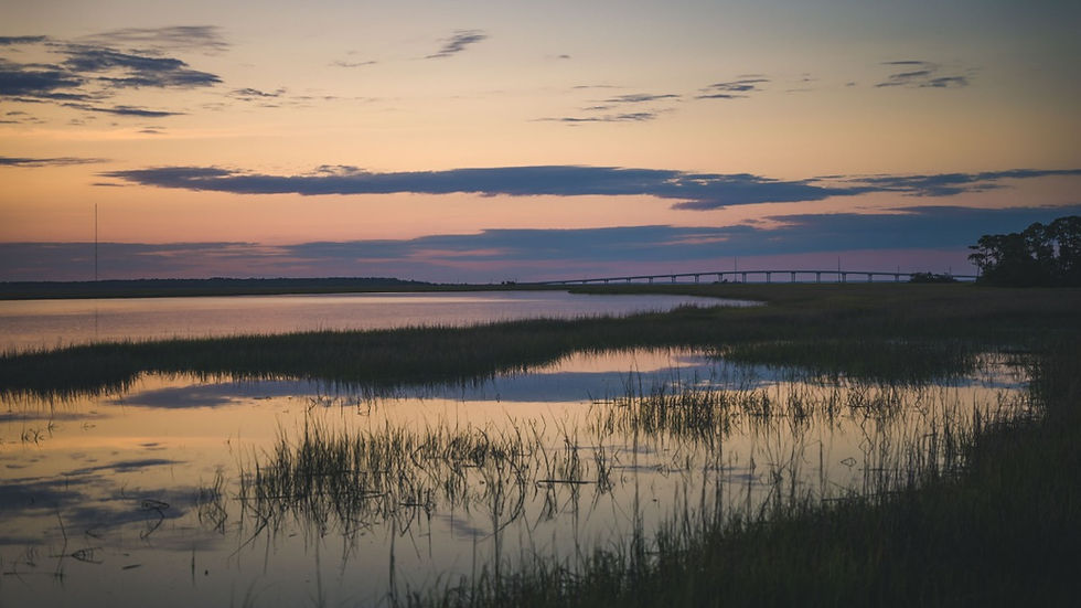 A lavender and peach sunset reflected off a south carolina marsh on Hunting Island with marsh grasses poking up through the marsh and a causeway bridge in the background. ©AlonzoWright for Manifesting Travel.