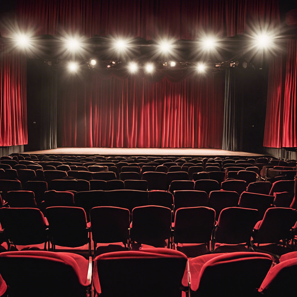 Photo within a small community theater where the camera is close to the floor in the aisle